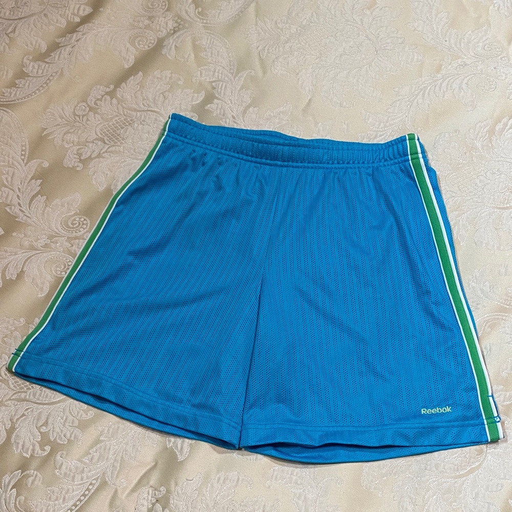 Like New! Reebok Turquoise Mesh Shorts with Green & white side stripe